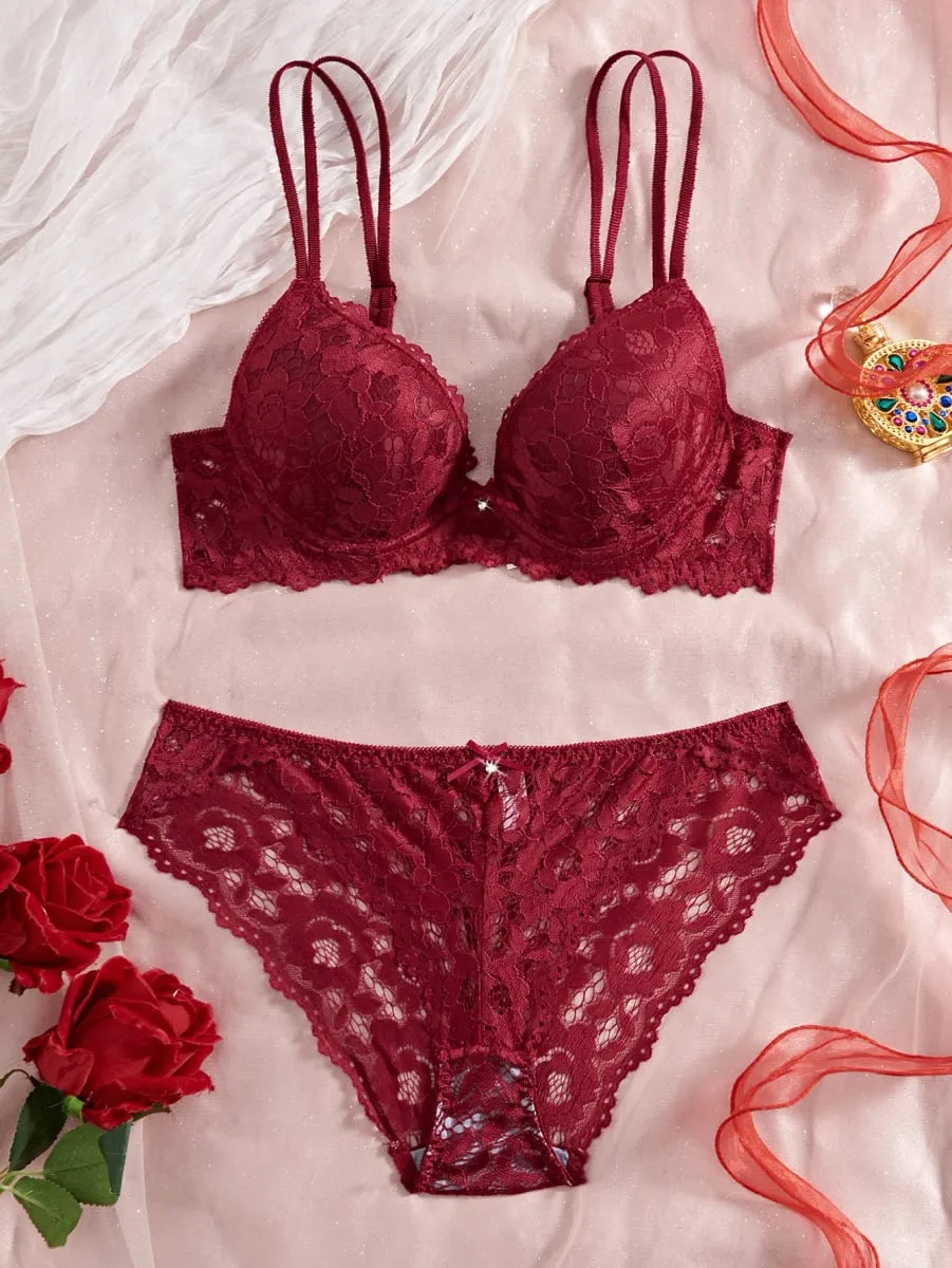 Women's Sexy Lingerie Set Lace Patchwork Solid Color Bowknot Rhinestone Embellished Push-Up Double Shoulder Strap Unlined Comfortable Underwear Lace Semi-Transparent Breathable Panties — image 4