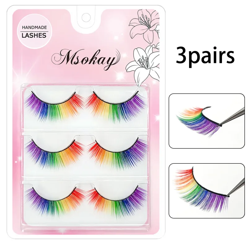 3 Pairs Rainbow Colored Eyelashes Brown Cosplay False Eyelashes Blonde Makeup Eye Lashes Colorful Blue Halloween Vegan Cilias — image 8