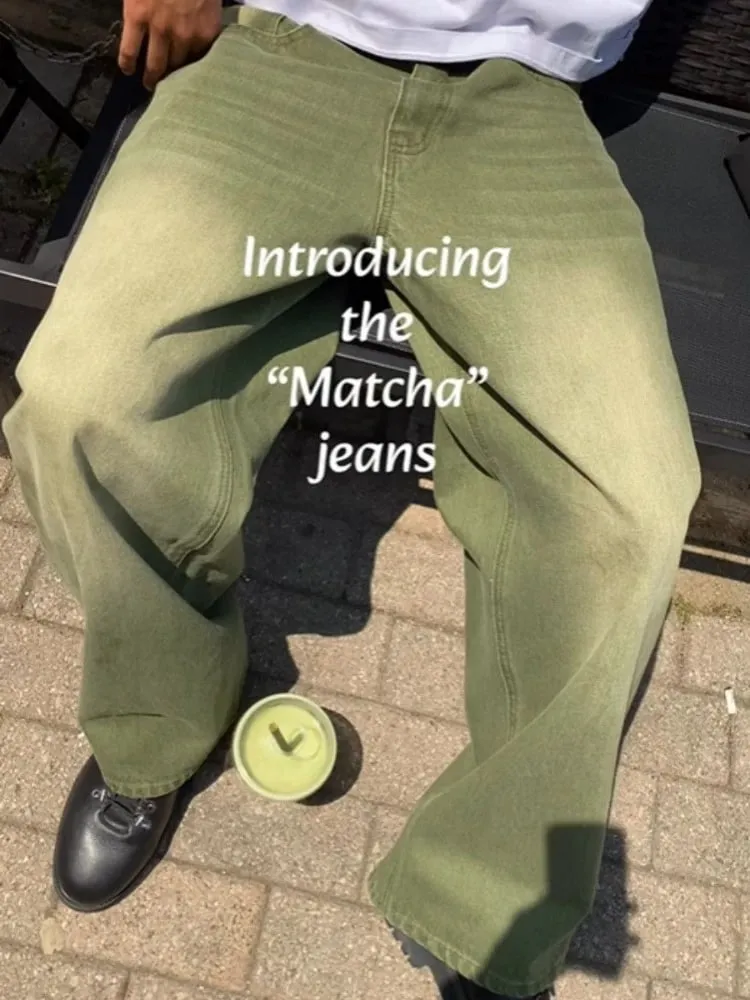 Mens Jeans Matcha Green Washed Gradient Denim Pants Harajuku Unisex Loose Fit Straight Leg Wide Leg Casual Streetwear Fashion — image 3