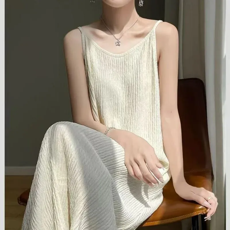 Original Black White Chiba Pleated Suspender Fashion Slimming Dress Pambabaeng Casual All-Match Loose Drooping Dress — image 2