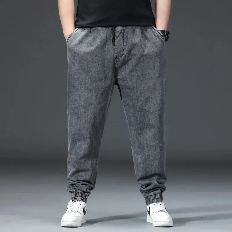 Men's Elastic Waist Loose Straight Jogger Jeans Plus Size Cuffed Ankle Denim Pants pantalones hombre Casual Trousers — image 12