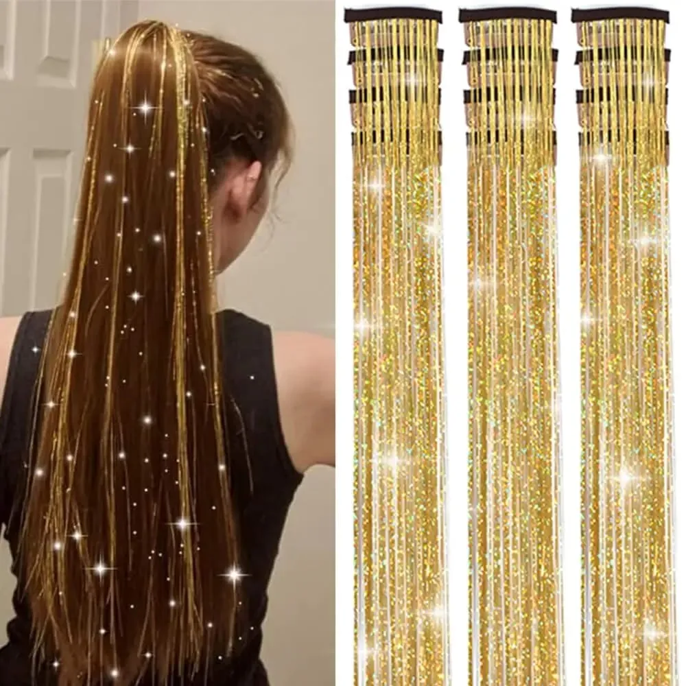Hair Tinsel 12pcs Shiny Hair Metal Ribbon Clip Wig Piece Glitter Ribbon In Hair Party Focus Delicate Eye-Catching Gift Synthetic — image 2
