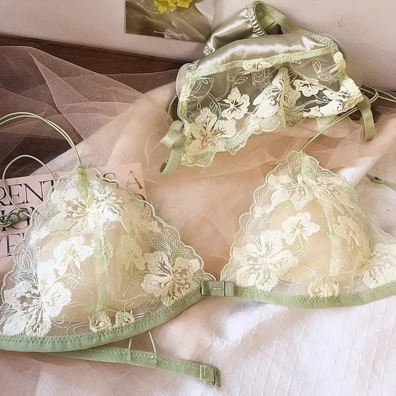 Set Lingerie Ceruk Perancis Bra Nirkabel Cup Segitiga Jaring Bordir Bra Nyaman Seksi Tipis Berenda Retro USA Tushy MOYISU — image 2