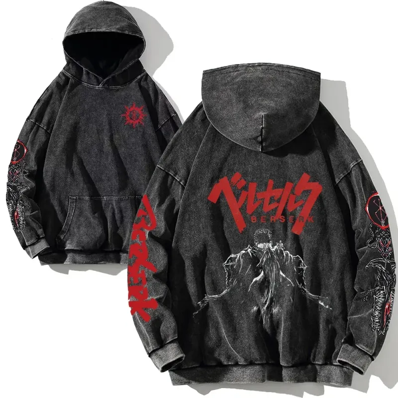 Support Custom Anime Berserk Graphic Hoodies Vintage Washed Oversized Hooded Cool Long Sleeves Cotton Hoodie Men Women Clothes — image 6