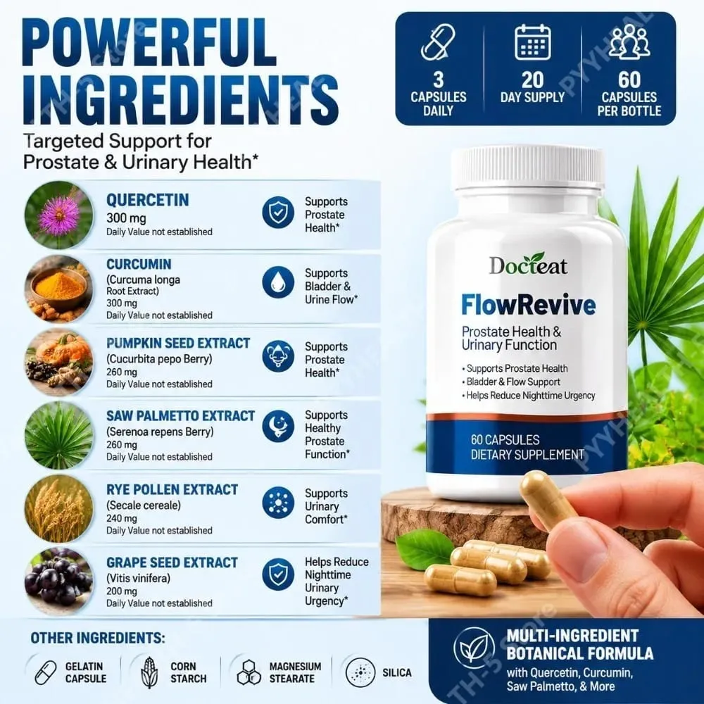 Saw Palmetto Prostate Supplement for Men FlowRevive Capsules with Pumpkin Seed Extract Support Urinary Bladder Health 60 Count
