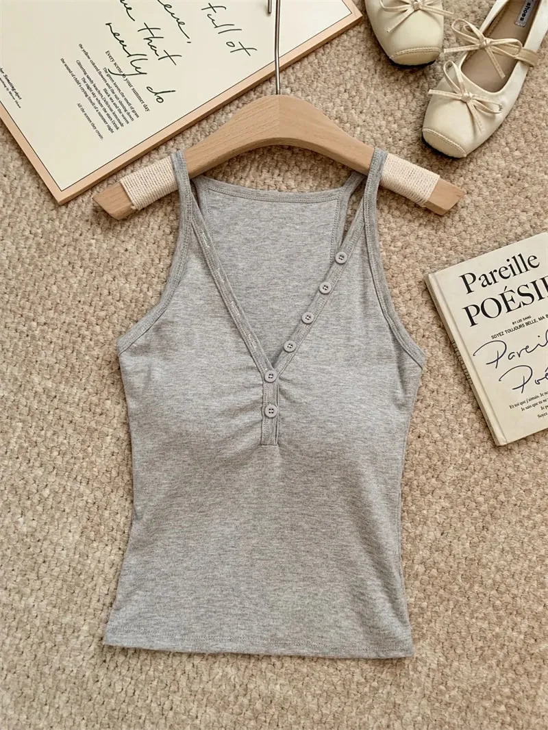 zjaiss Fashion Slim Fit Tank Top 2026 Summer V-neck Button Women Cami With Built-in Bra Pad Casual Basic Inner Top — image 13