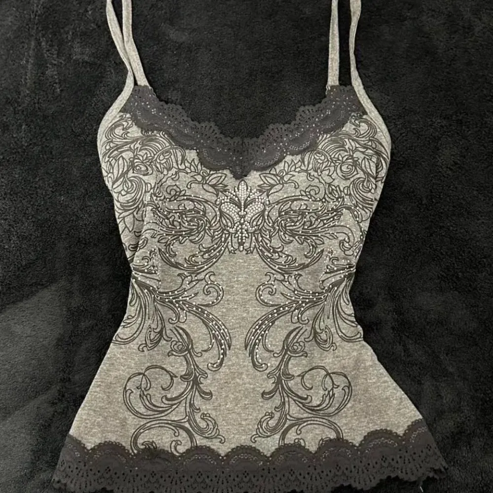 Punk Hottie Vintage Diamonds Print Camisole Vest Women American Sexy Outerwear Slim Patchwork Lace Tanks Gothic Y2k Crop Tops
