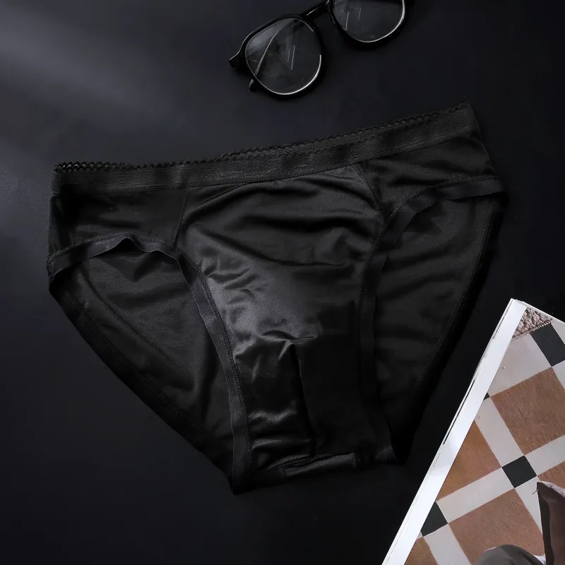 Male Glossy Silk Satin Briefs High Rise Lace Trim Ice Silk Underwear Soft Breathable U Pouch Men Panties