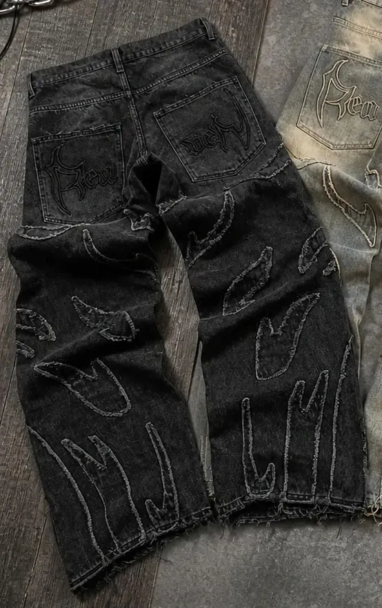 Streetwear Black Denim Wide Leg Jeans Featuring Oversized Letter Embroidery and Distressed Baggy Jeans Fit Gothic Hip Hop Pants — image 8