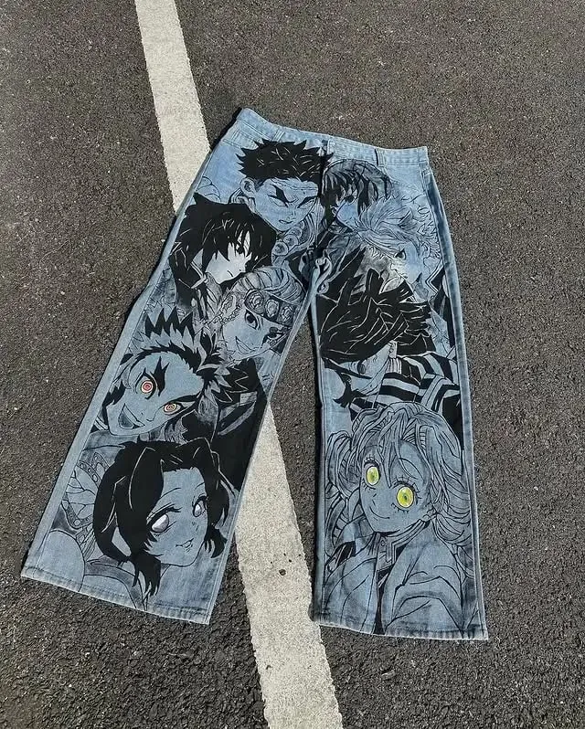 Gothic Japanese Retro Washed Anime Jeans Y2K Clothes Mens Anime Cartoon Character Pattern Baggy Jeans Mid Rise Wide Leg Trousers — image 3