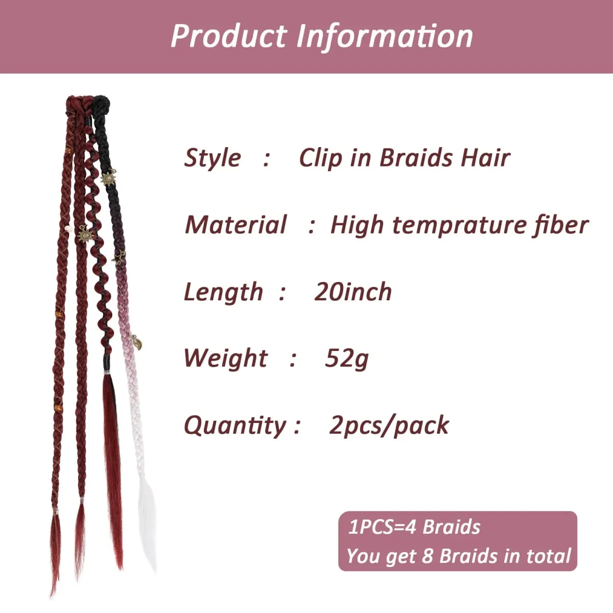 Clip in braids 2PCS 20Inch Dreadlock Extensions with Beads & Chains Viking Boho Braids for Cosplay Festival Daily Styling — image 3