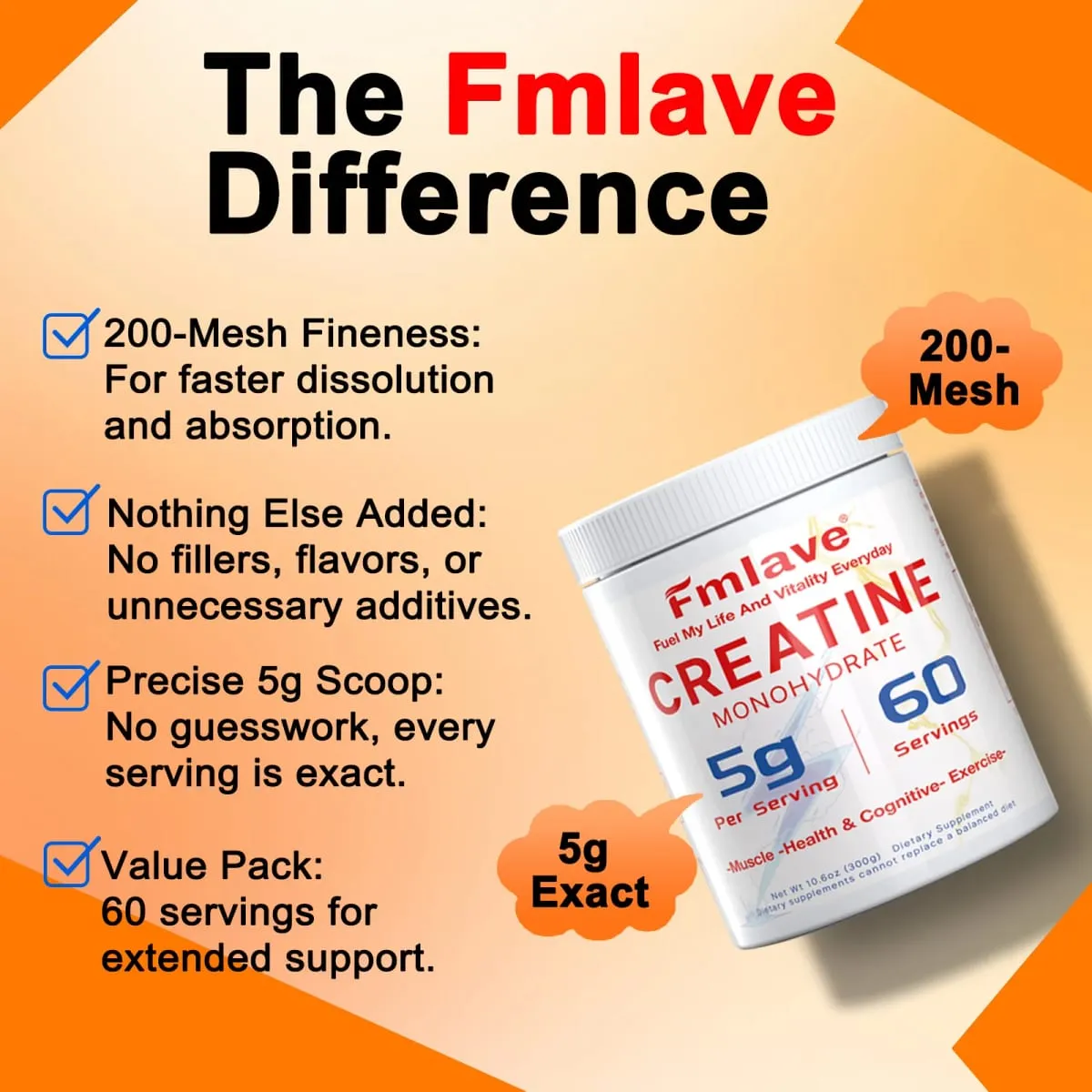 Fmlave Creatine Monohydrate Micronized Powder 300g - 60 Servings 5000mg Per Serving (5g) - for Men & Women Muscle Growth & Recovery
