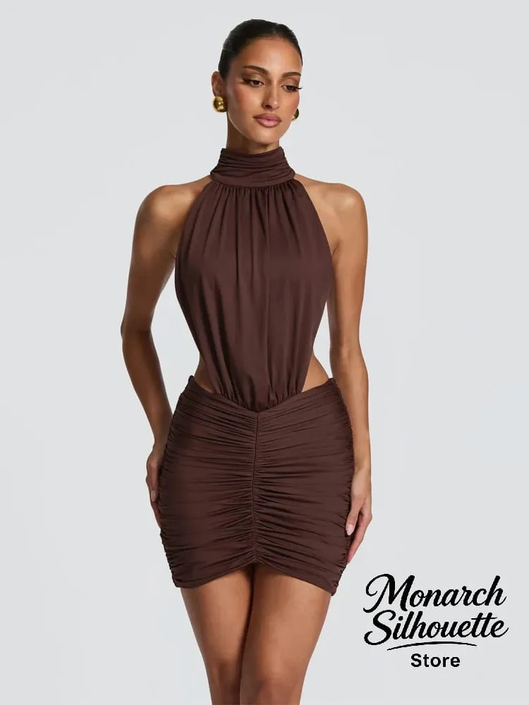 Chic Sleeveless Pleated Slim Mini Dress Women Sexy Solid Backless Hollow Out Round Collar Dresses Lady Evening Party Vestidos — image 5