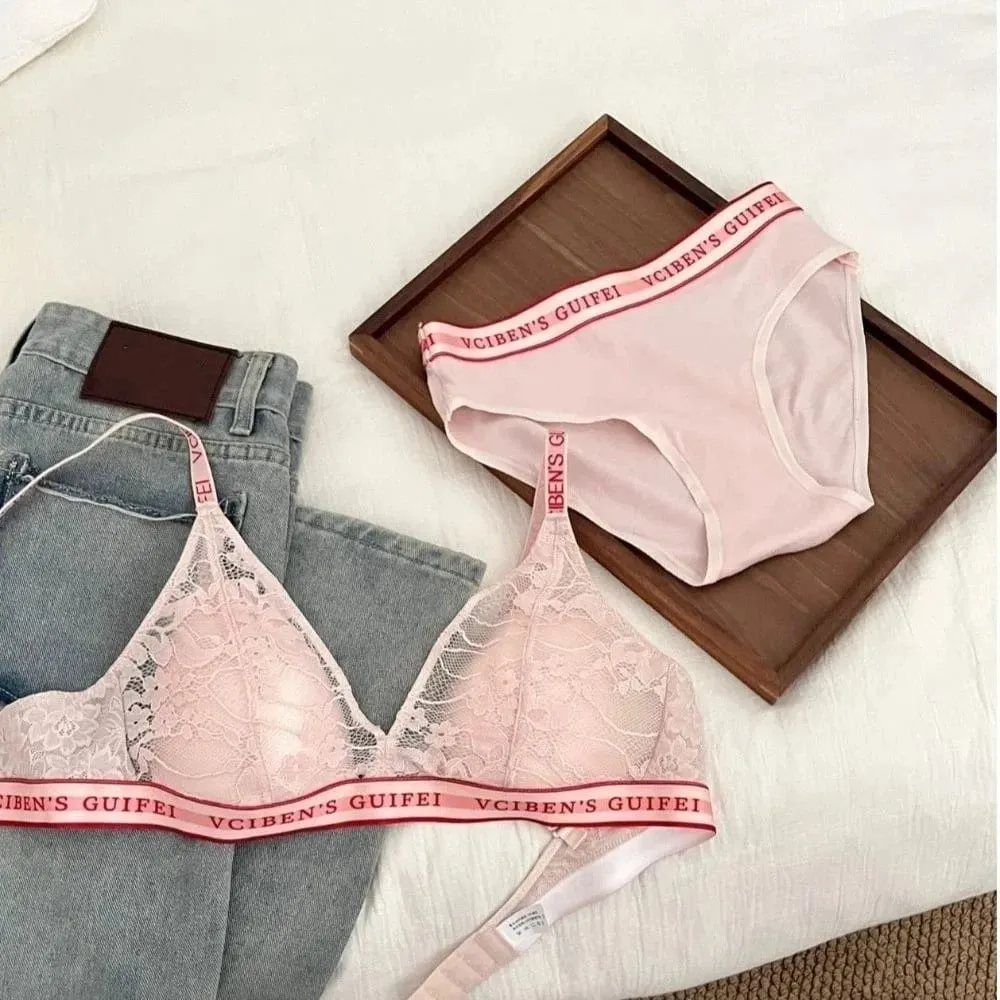 Breathable Letter Design Lingerie Set Lace Deep V Women Underwear Suit Wireless Color Blocking Bra Panties Set Girl