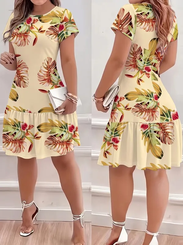 Summer Bohemian Style Loose Tropical Print Round Neck Short Sleeve Dress Comfortable Holiday Dress