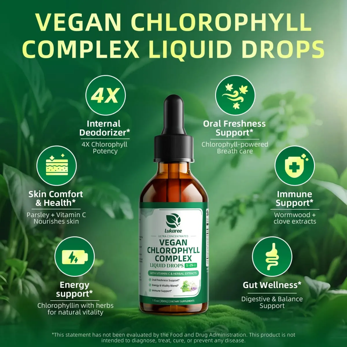 Lukaree 30ML Chlorophyll Liquid Drops Supports Natural Cleansing & Immune Internal Deodorant Skin & Gut Health Vegan Sugar-Free — image 4