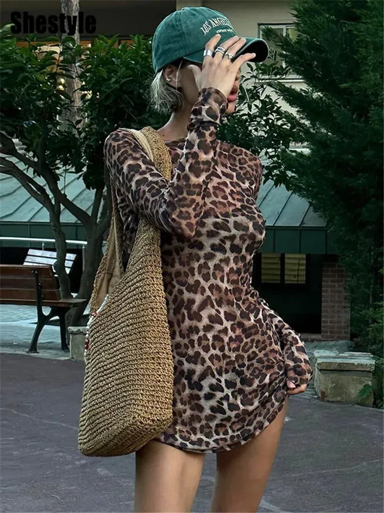 Shestyle Leopard Sexy A-Line Dress Women Two Piece Sets Mesh See Through Fashion Extremely Hot High Street Animal Print Naka-istilong — image 2