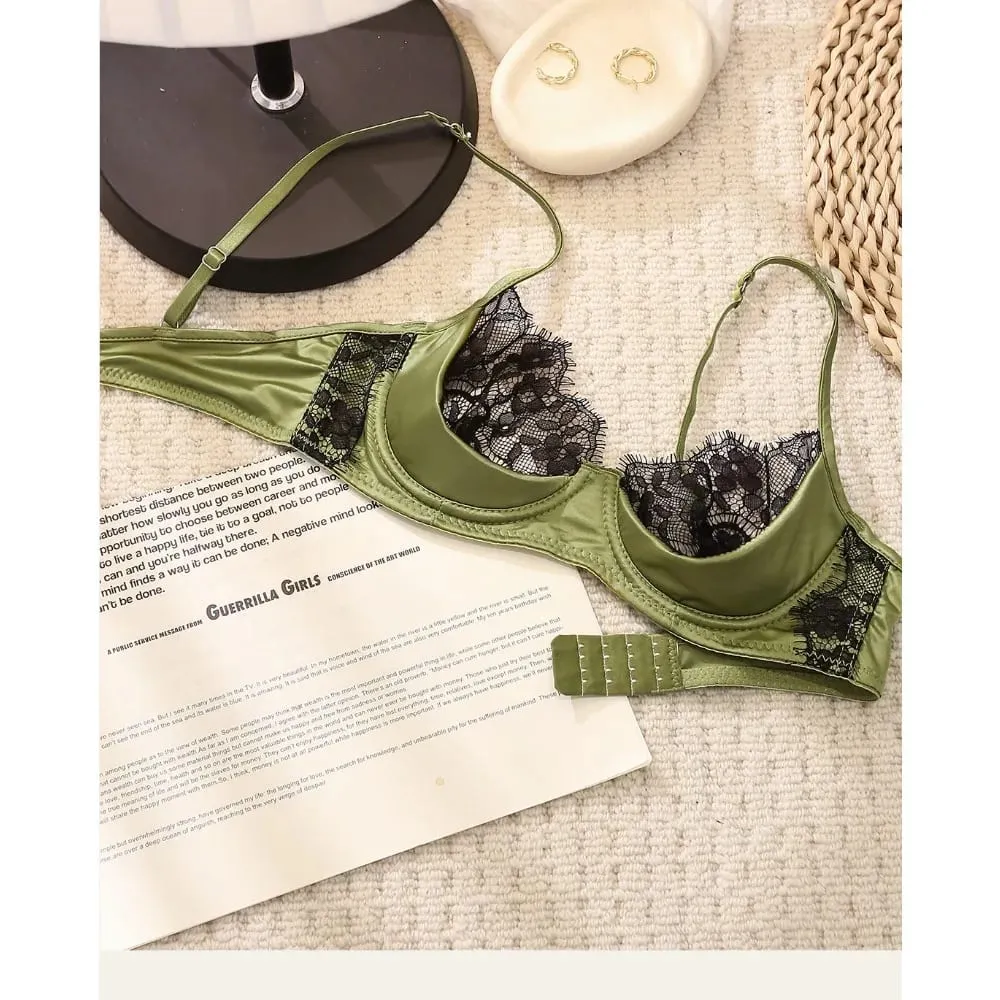 Conjunto de lencería de media copa de encaje francés para mujer, sujetador con aros, suave, transparente, ultrafino, verde, para busto pequeño 32-38AB — image 2
