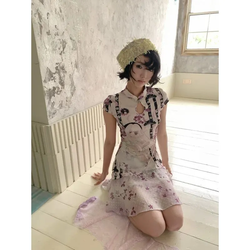 European American trendy sweet cool girl cropped cheongsam dress anime flower print chinese stand collar frog button slim casua — image 2