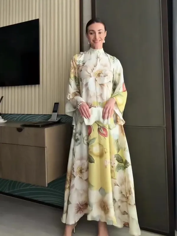 Elegant Floral Printed Women's Dress Stand Collar Full Puff Sleeve A-line Long Dresses 2026 Summer Vacation Party Lady Robes