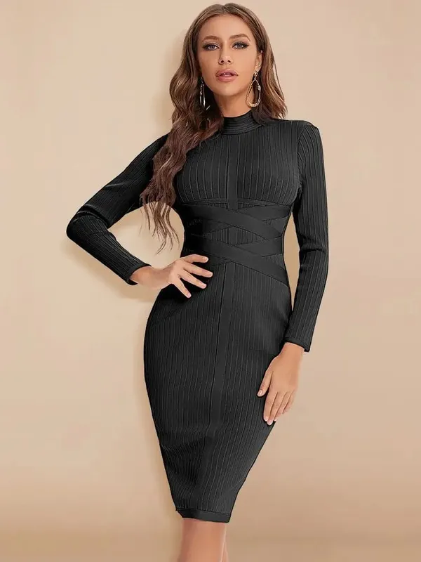Sexy Red Bandage Dress 2023 Nude Turtleneck Long Sleeves Office Bodycon Dress Cross Criss Women Midi Vestidos Maxi XL
