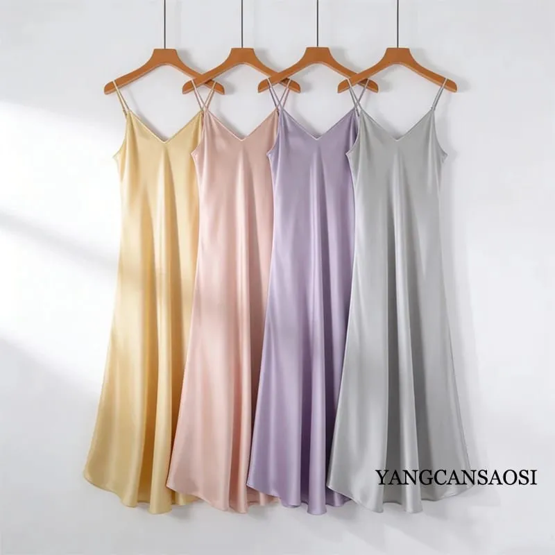 2026 Pambabaeng Fashion Bagong 21MM 100% Natural Mulberry Silk Plain Satin Extended French Sexy Adjustable Shoulder Strap Solid Dress — image 3