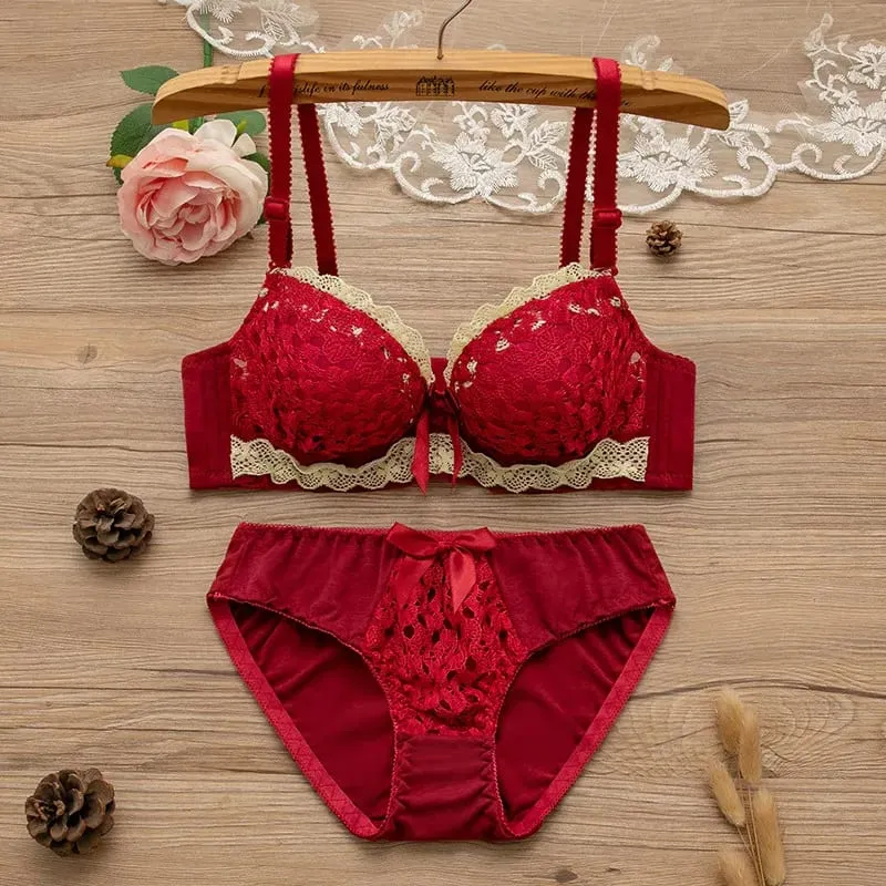 Women 2Pcs Intimates Set Sweet Peach Contrast Lace Floral Bow Underwire Bra Soft Cotton Mid Waist Panties Daily Comfort Lingerie