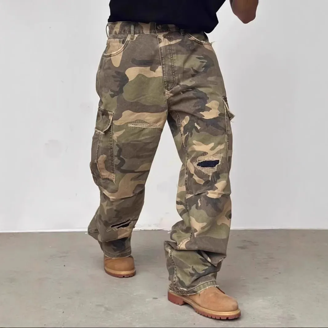 American Street Style Washed Camouflage Workwear Jeans Hole Straight Leg Spring Autumn Casual Cotton Trendy Long Pants