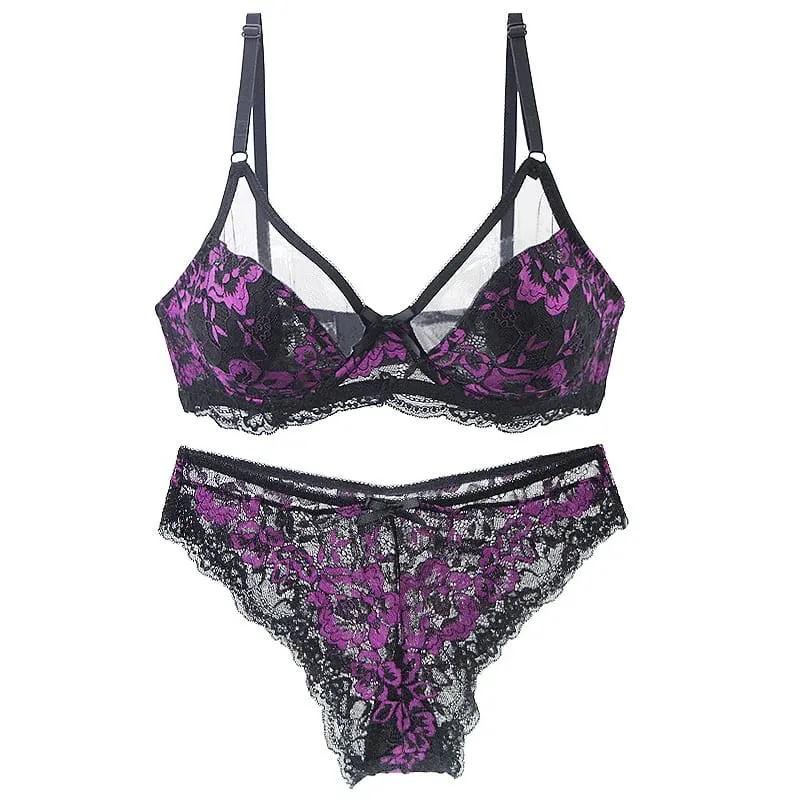 Mga Ultra-Thin Thick Bra Set 34/75 36/80 38/85 40/90 42/95 44/100 46/105 BCDE Cup Underwear Transparent Embroidery Lace Lingerie — image 2
