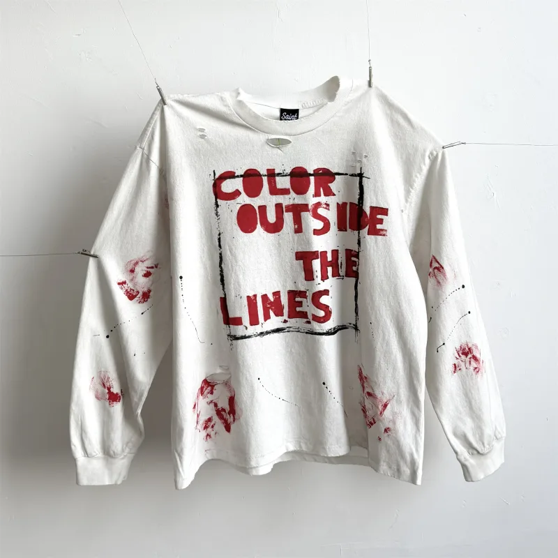 26SS SAINT OF MICHAEL Street Dirty Graffiti Print High-Street Vintage Full Cotton Quality Long Sleeve Sweatshirt T-Shirt