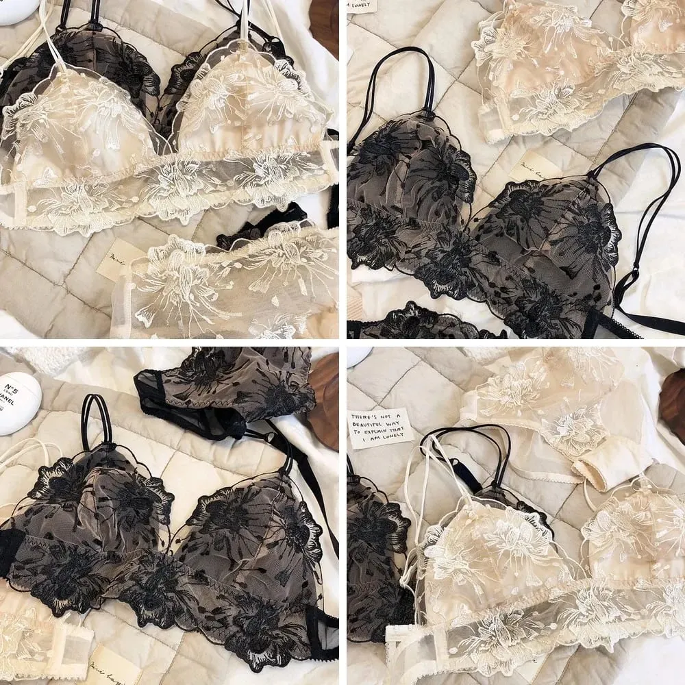 Embroidered Lace Bralette Set Triangle Cup Wireless Bra for Large Breasts Ultra Thin & Breathable Lingerie — image 2