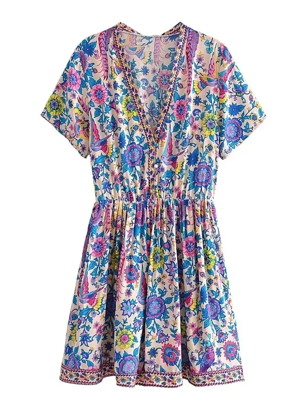 Vintage Chic Dam Peacock Blommönster Djup V-ringad Bohemian Mini Klänningar Dam Kortärmad Happie Beach Boho Klänning Vestidos