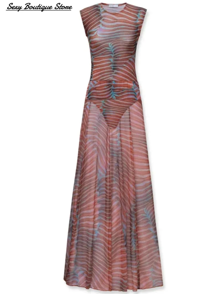 Sexy boutique ver através de maxi vestido define 2 peças impresso fino ajuste superior macacão uma linha saia longa 2025 feminino saias superiores outfits — image 7
