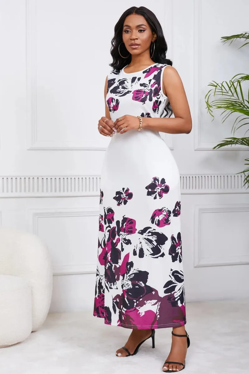 Womens Summer Floral Print Round Neck Casual Beach Floor Length Evening Long A-Line Boho Maxi Dress — image 7