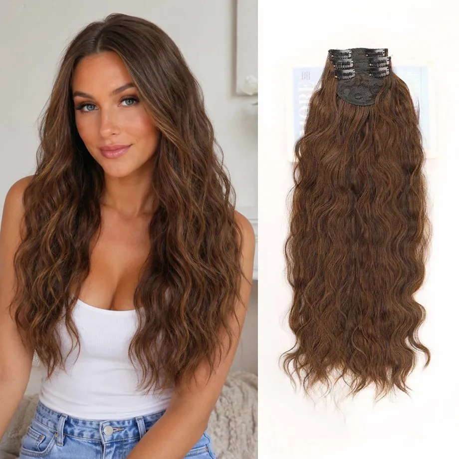 Clip in Hair Extension for Women - 3 Pcs Thick Double Weft Long Wavy Soft Synthetic Blends Well Hair Extension 20inch Dark Brown — image 2