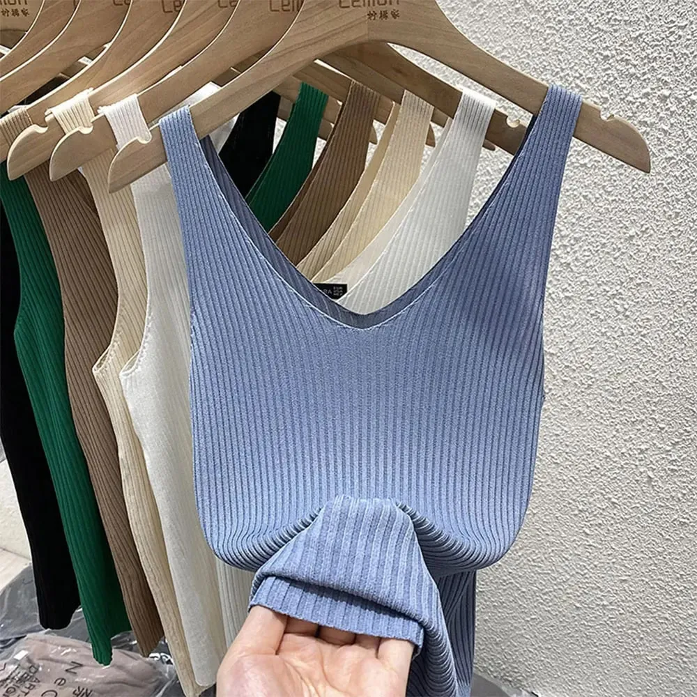 New Summer Sexy V-Neck Sleeveless Knit Women Camis Slim Pure Desire Style Basic Crop Top Korean Style Solid Versatile Tank Top — image 10