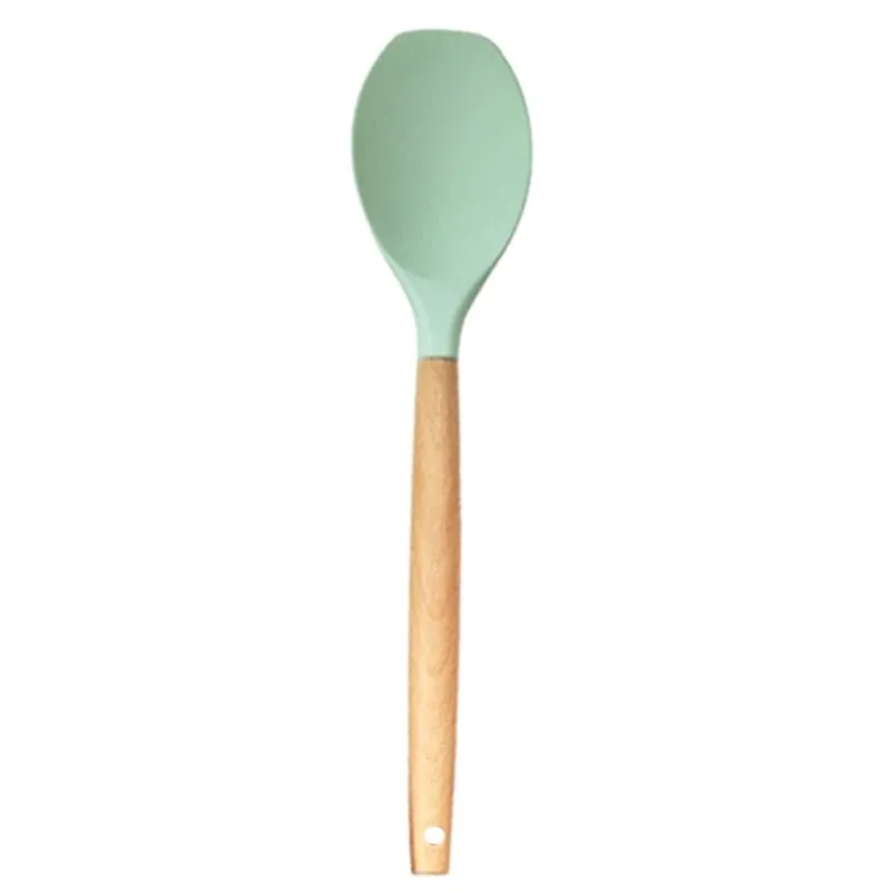 ♥Silicone Cooking Utensils with Wooden Handle – Heat-Resistant Spatula & Spoon for Non-Stick Pans