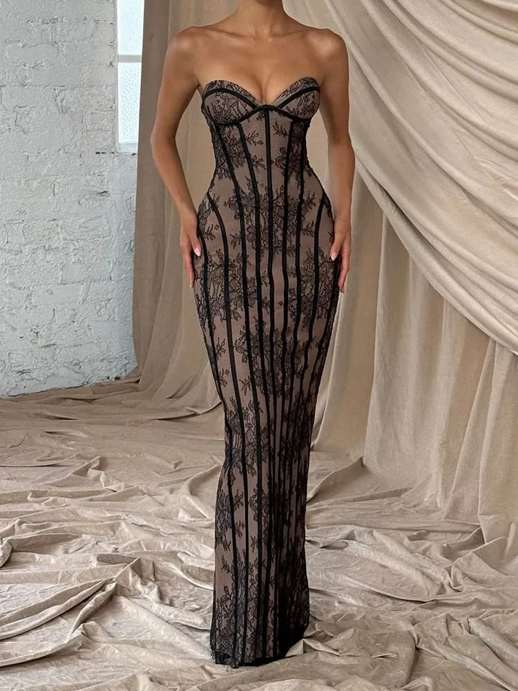 Women Backless Strapless Tulle Fishbone Dress Off Shoulder Printed Patchwork Slim Maxi Dresses 2026 Lady Chic Party Evening Gown — image 5
