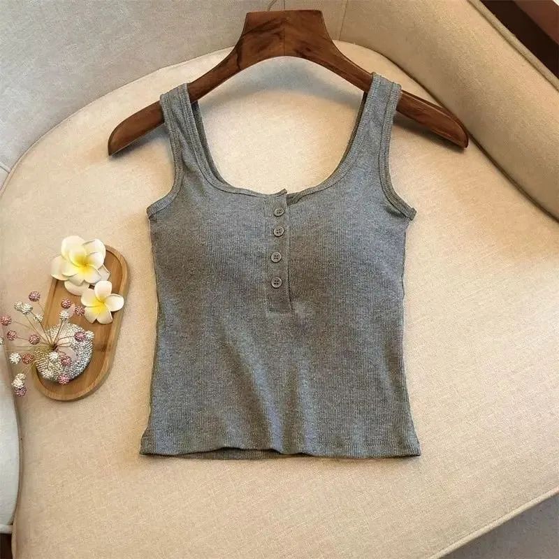 1Pcs Women's Ribbed Henley Tank Top Square Neck Button Front Built-in Bra Sleeveless Camisole — image 4