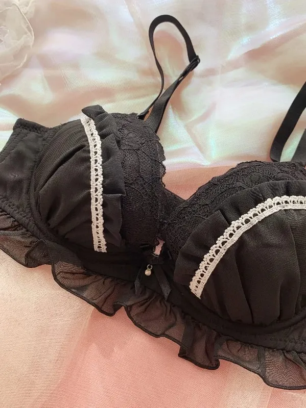 Girls Deep V Big Steel Ring Black Bra Set Sexy Thin Cup Mesh With Steel Ring Mga Pambabaeng Underwear Lingerie Panty — image 5