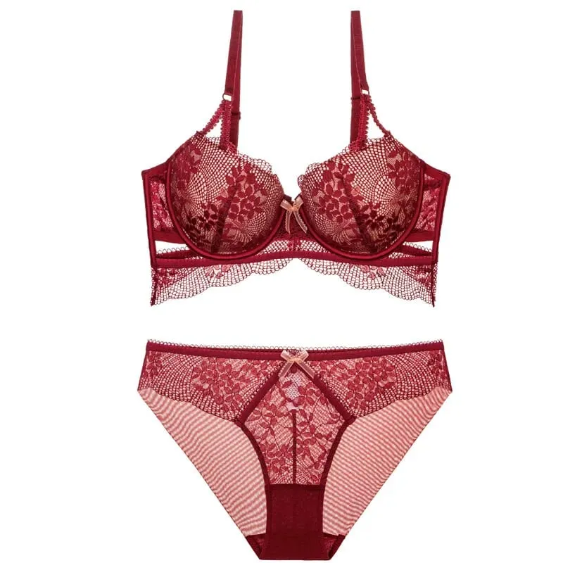 2023 Bagong Hollow Out Lingerie Para sa mga Babae Sexy Lace Bra at Panty Sets Push Up Adjustable Thicken Underwear Suit Malaking Sukat Intimate — image 4