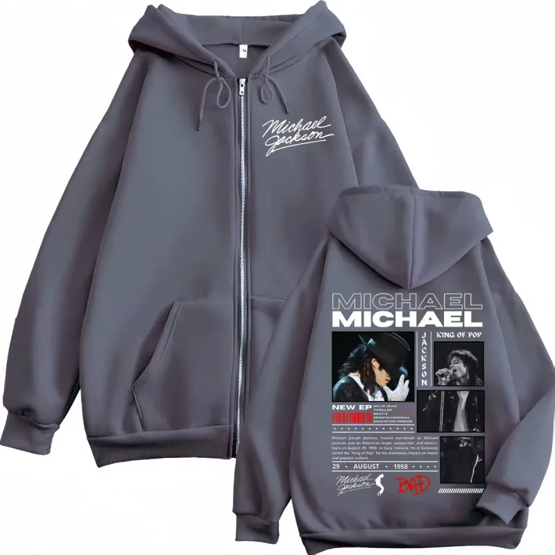 Cantor michael jackson clássico zíper hoodies rock moda vintage zip up pullovers masculino feminino casual manga comprida camisolas — image 3