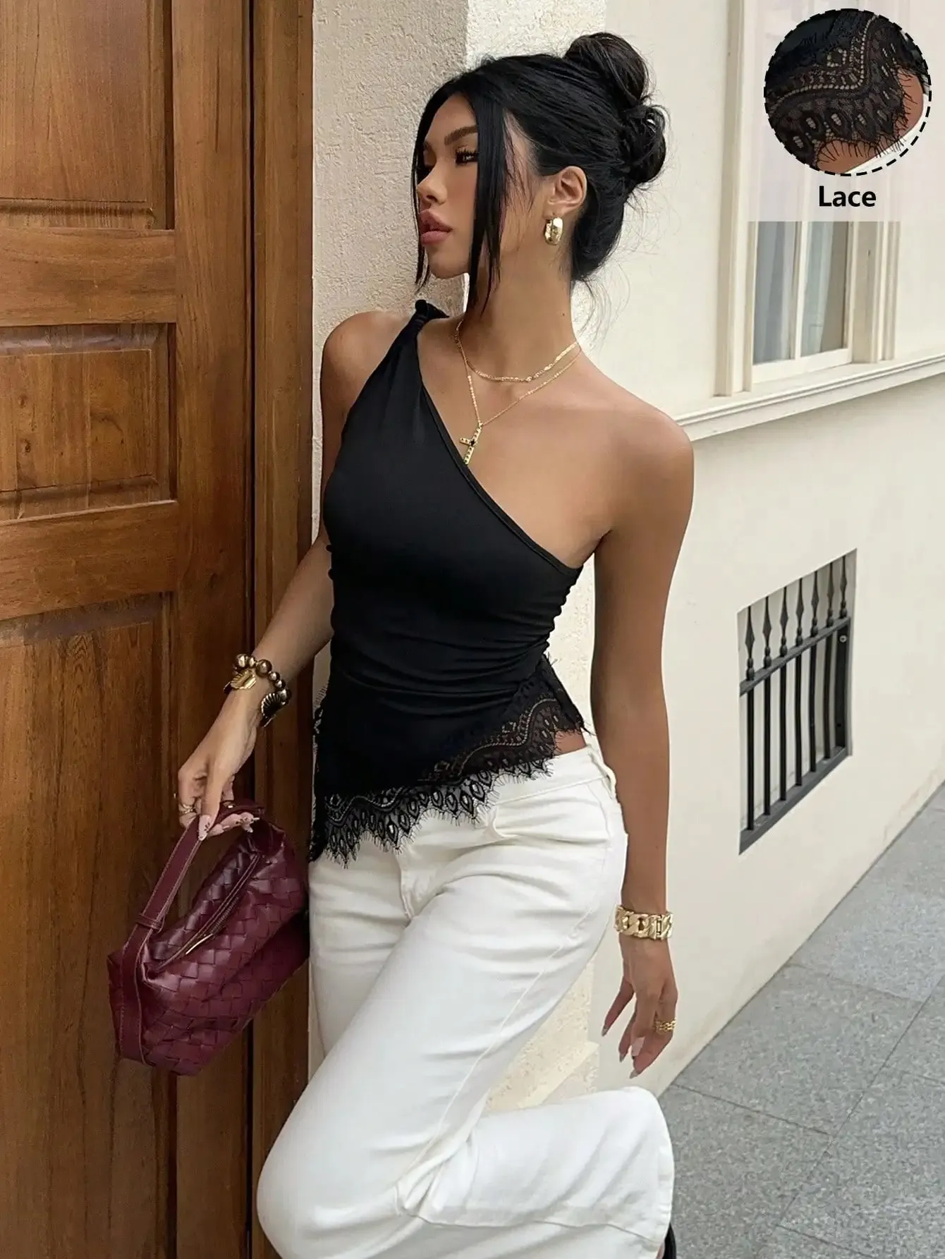 Women's Elegant Solid Color One-Shoulder Twist Vest with Lace Splicing Versatile Top for Vacation Party Beach Shopping Dati — image 5