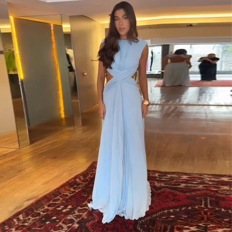 Sexy Hollow Out Long Party Dress Women Pleated Sleeveless Backless A-line Beach Dresses 2026 Summer Lady Chic Solid Holiday Robe — image 7