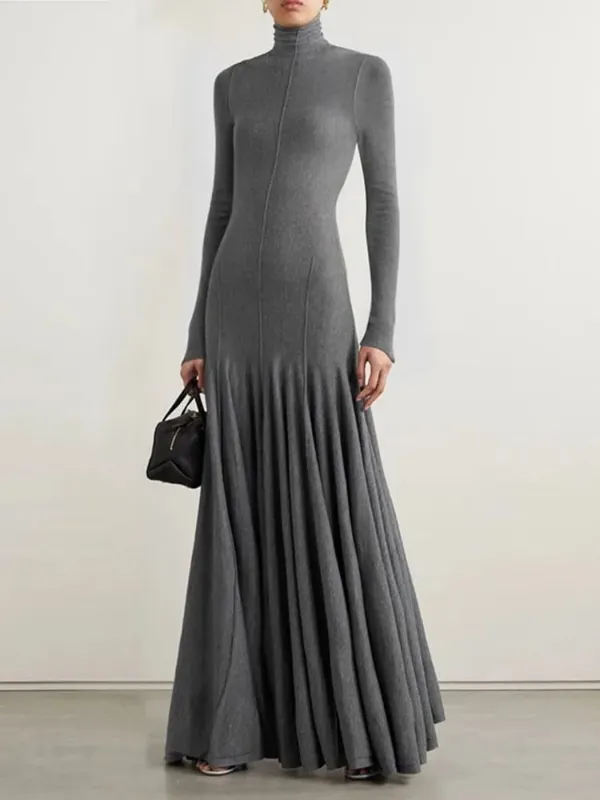 Freeacy Women's Grey Knit Maxi Dress Turtleneck Long Sleeve with Fitted Bodice and Flared Mermaid Skirt Elegant Party Dresses