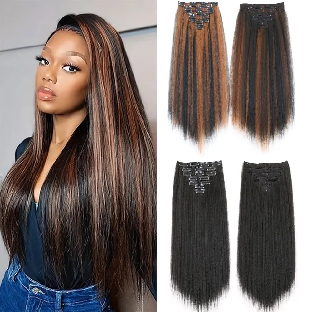 14-22icnh Synthetic Yaki Straight Clip In Hair Extensions For Women Black 7Pcs/Set Synthetic Extensions Hairpiece — image 2