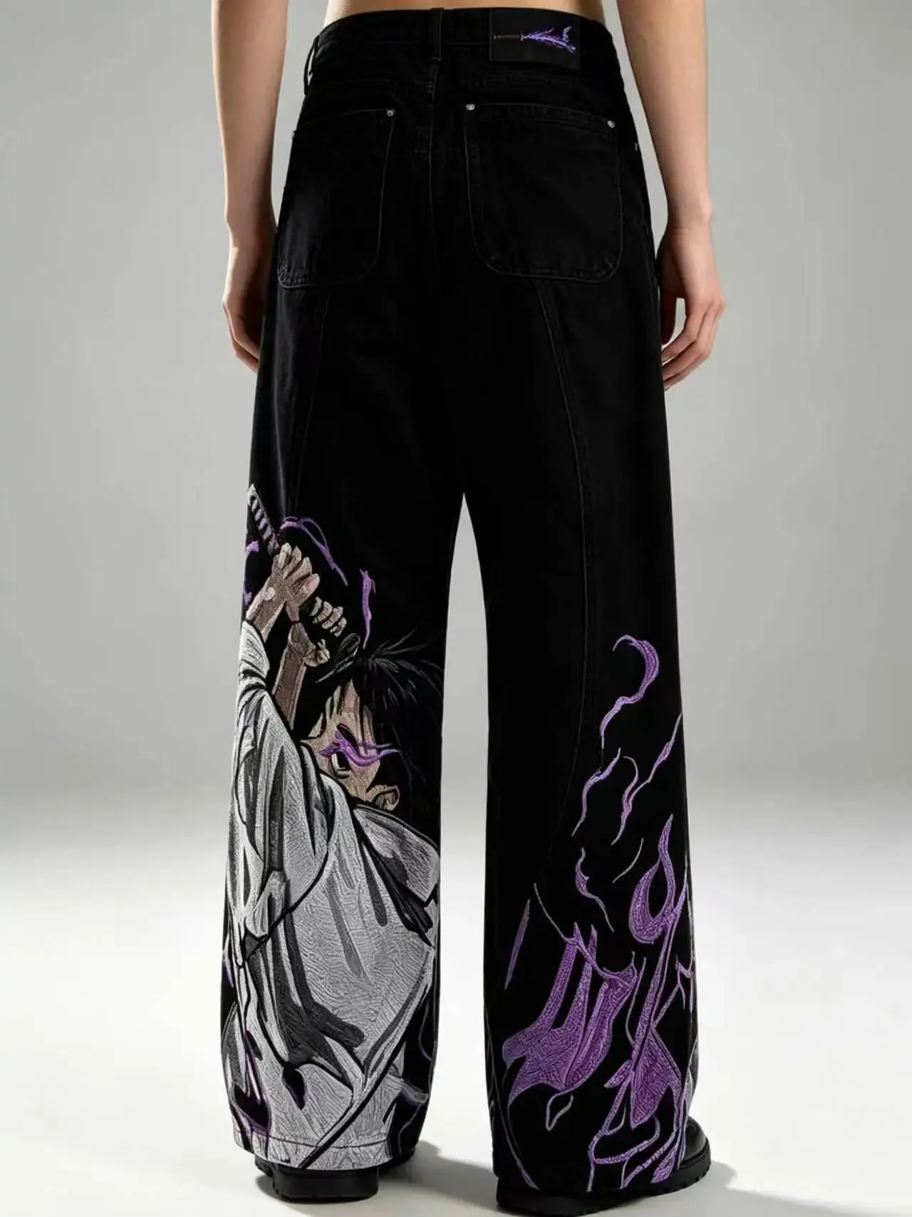 Mens Jeans Heavy Embroidery Streetwear Denim Pants Harajuku Unisex Loose Fit Wide Leg Anime Straight Leg Black Casual Fashion