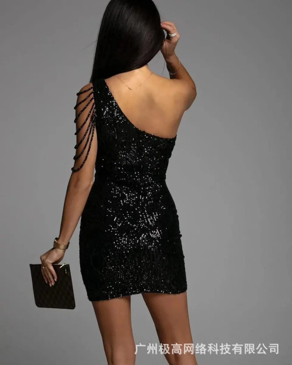 Um ombro recorte allover lantejoulas vestido de festa feminino sem mangas cintura alta noite mini vestido fino lantejoulas cor sólida — image 4