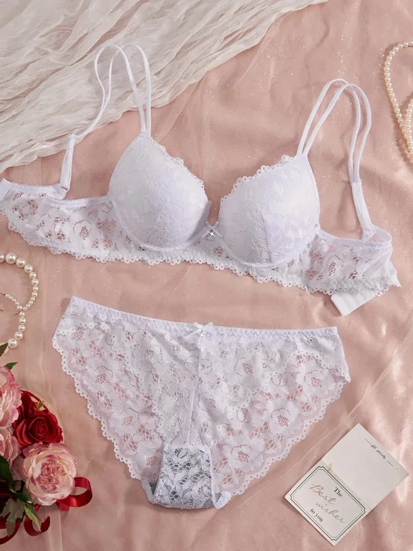 Women's Sexy Lingerie Set Lace Patchwork Solid Color Bowknot Rhinestone Embellished Push-Up Double Shoulder Strap Unlined Comfortable Underwear Lace Semi-Transparent Breathable Panties — image 2