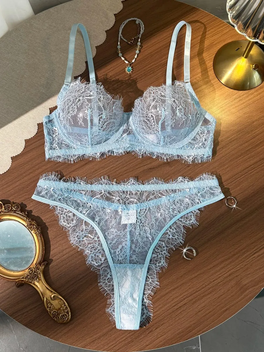 Ladies' Basic Style Thin Lace Bra And Panty Set Seamless Single Layer Eyelet Underwear Comfortable Intimate Apparel — image 1